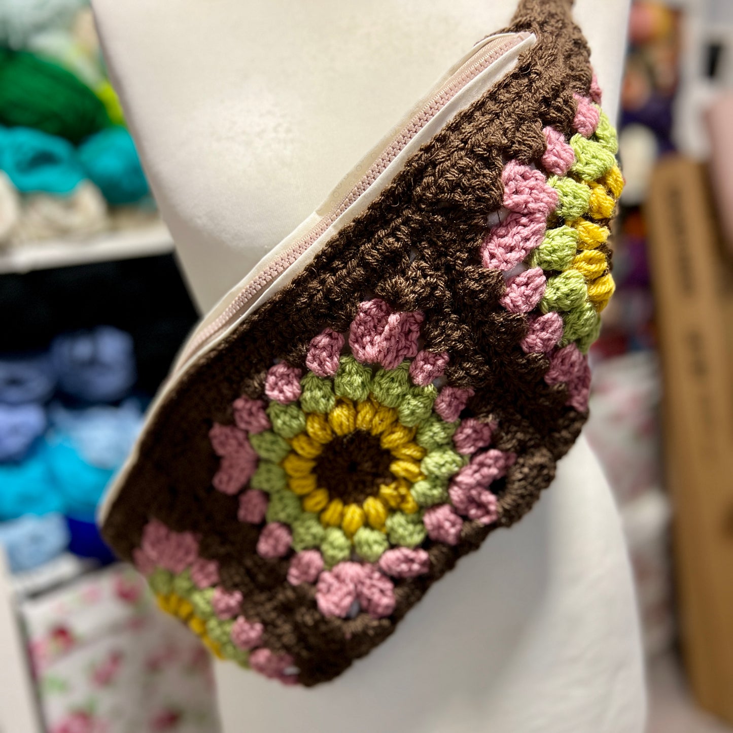 ‘Autumn Flowers' Crochet Granny Square Lined Cross Body Bag