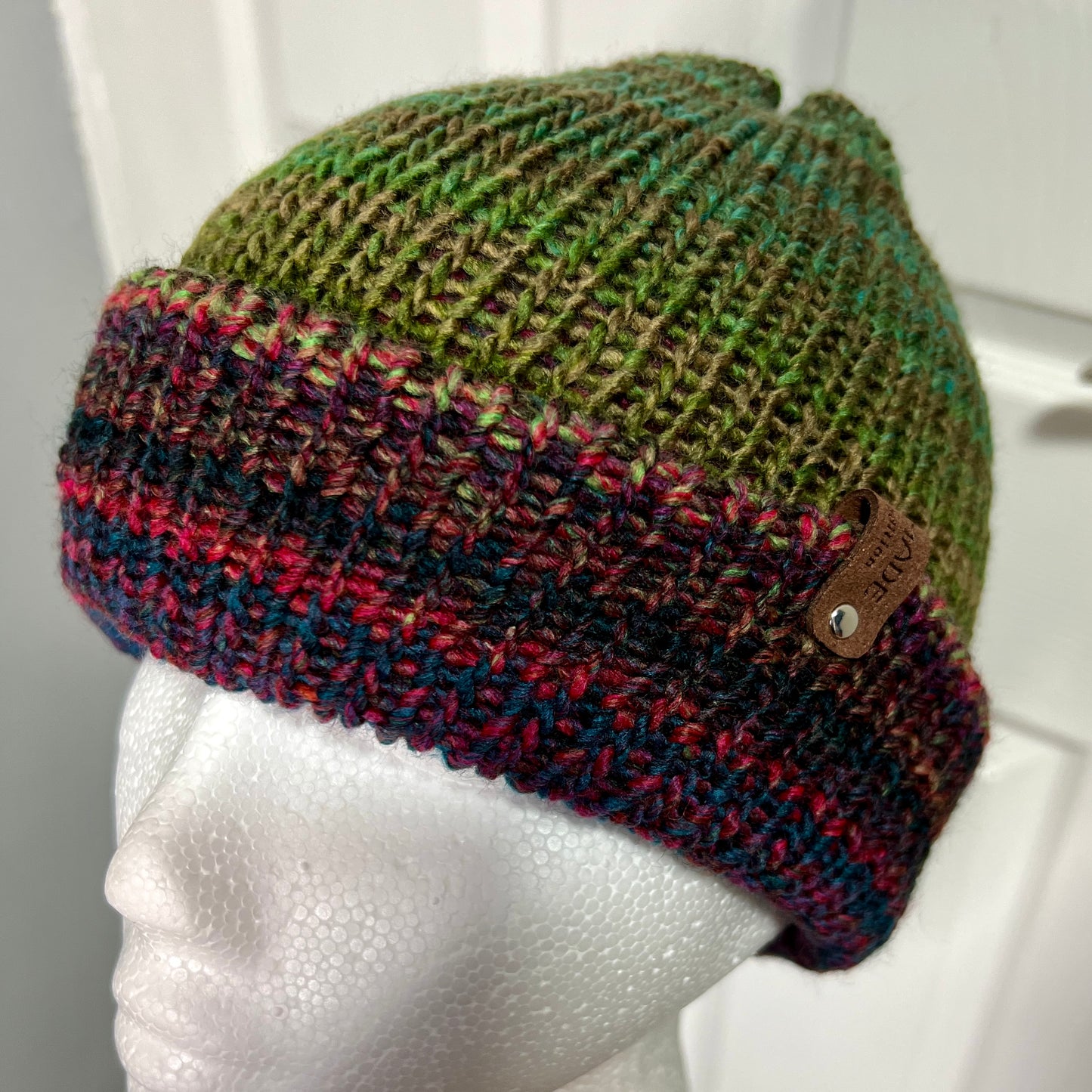 'Jewelspun' Pink/Green Reversible Knitted Beanie - Adult