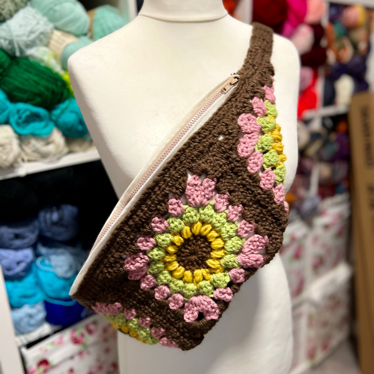 ‘Autumn Flowers' Crochet Granny Square Lined Cross Body Bag