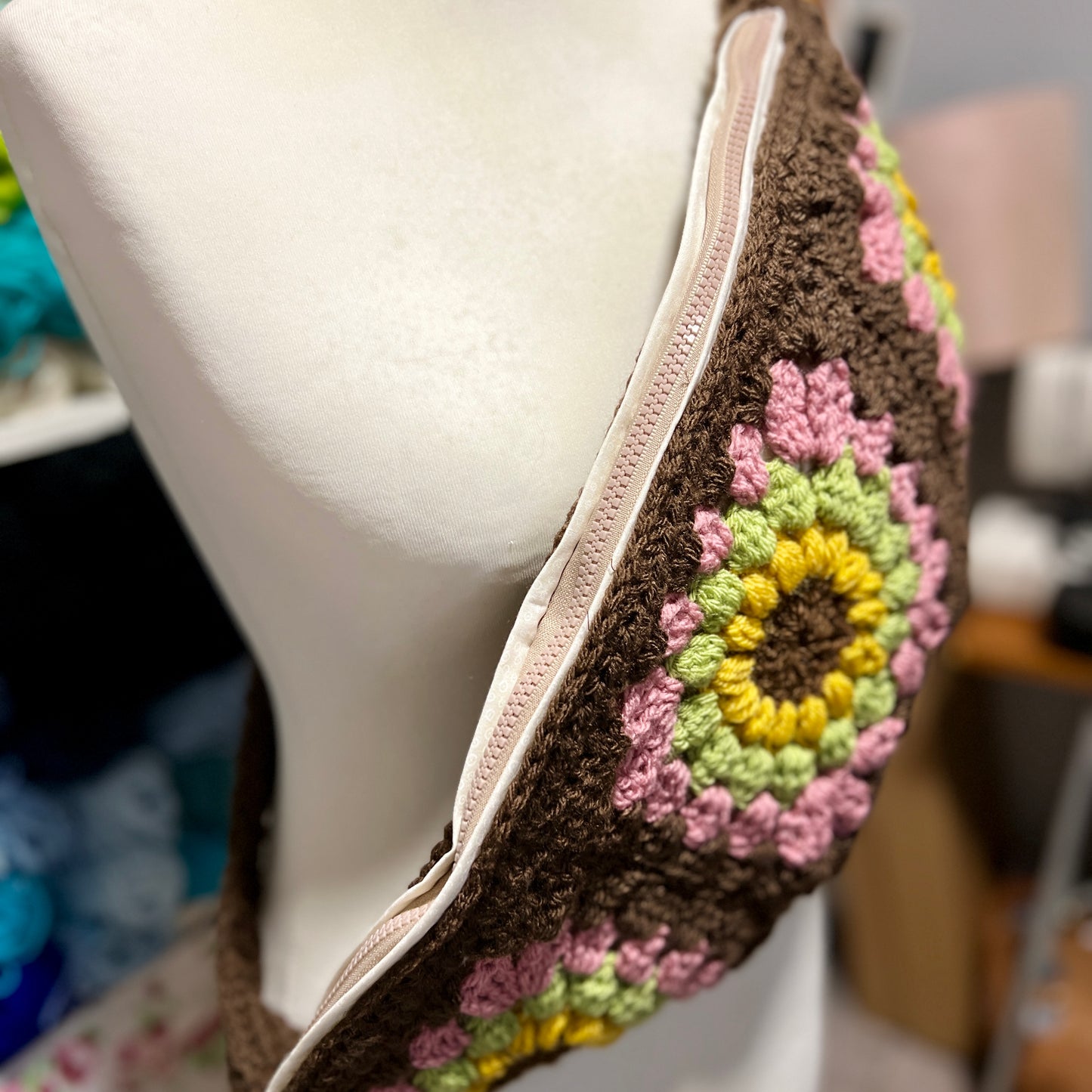 ‘Autumn Flowers' Crochet Granny Square Lined Cross Body Bag