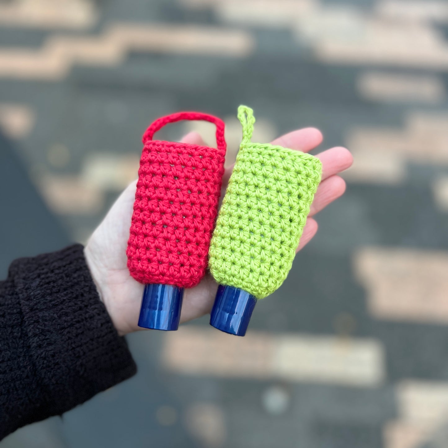 Crochet Hand Sanitiser/Cream Holder Keyrings