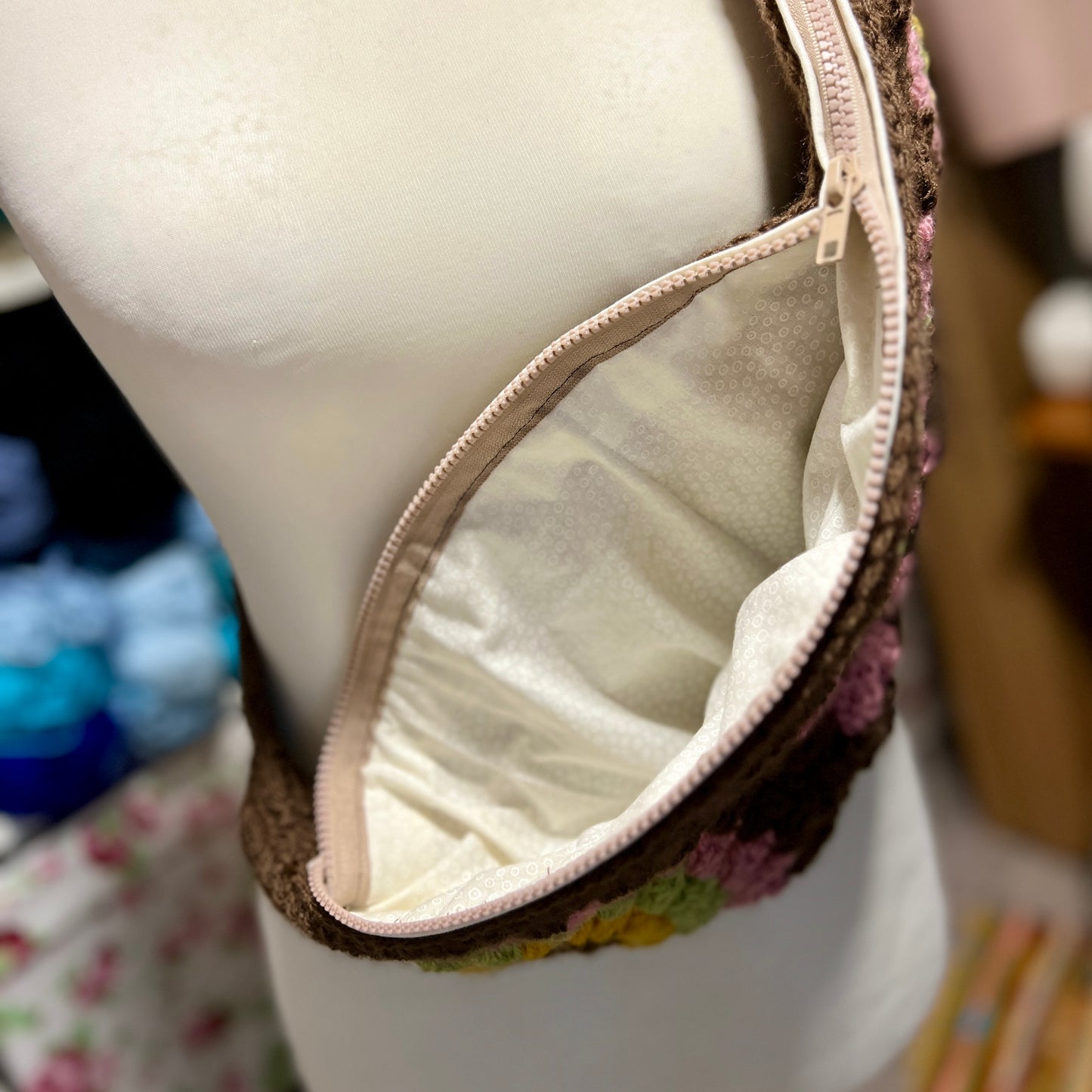 ‘Autumn Flowers' Crochet Granny Square Lined Cross Body Bag