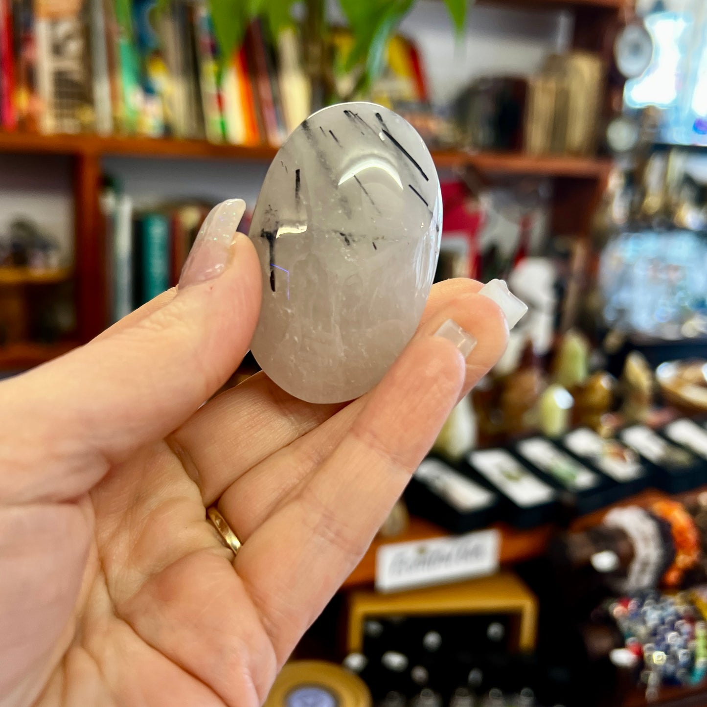 Quartz Crystal Palm Stone with Black Tourmaline Inclusions