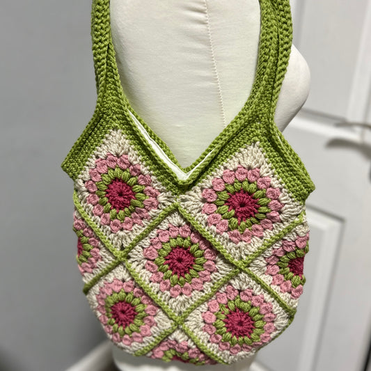 'English Country Garden' Crochet Granny Square Lined Shoulder Bag Medium