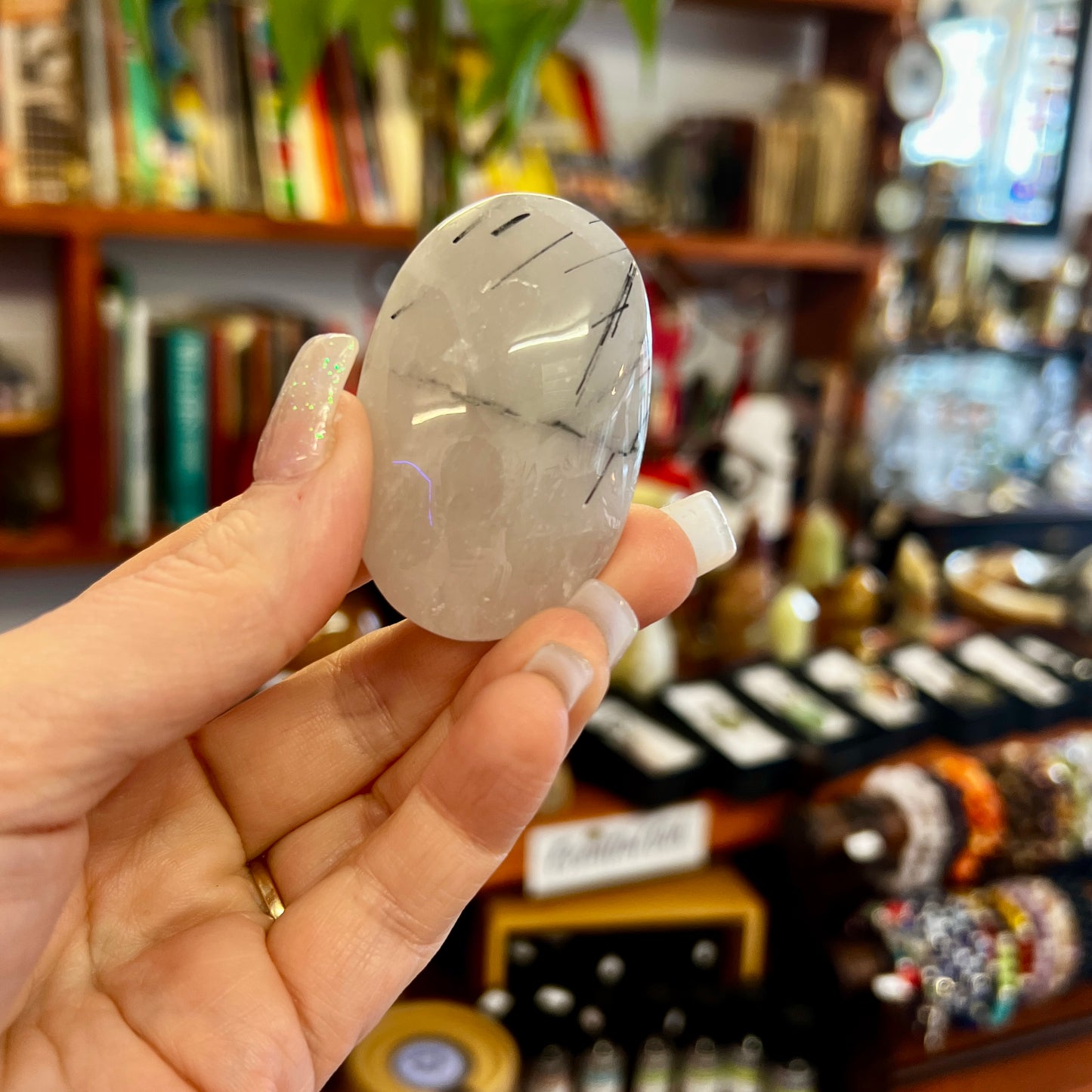 Quartz Crystal Palm Stone with Black Tourmaline Inclusions