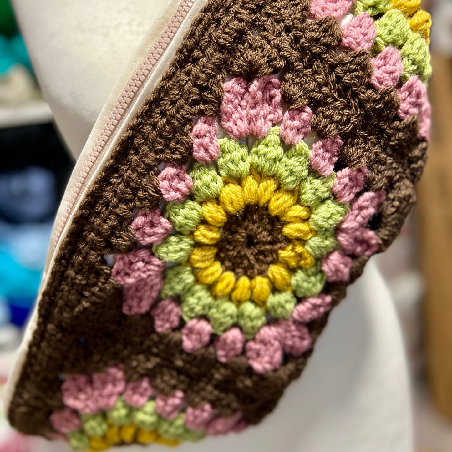 ‘Autumn Flowers' Crochet Granny Square Lined Cross Body Bag
