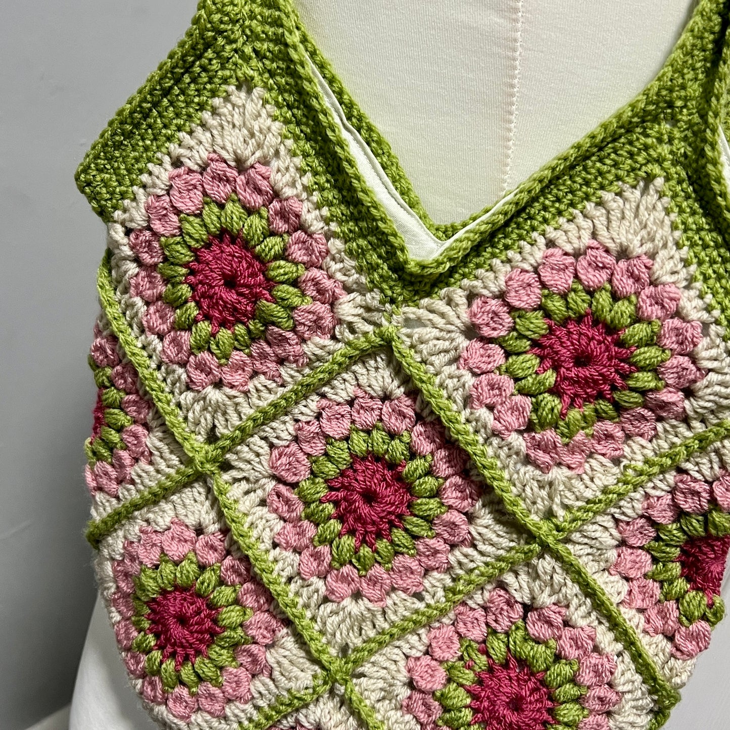 'English Country Garden' Crochet Granny Square Lined Shoulder Bag Medium