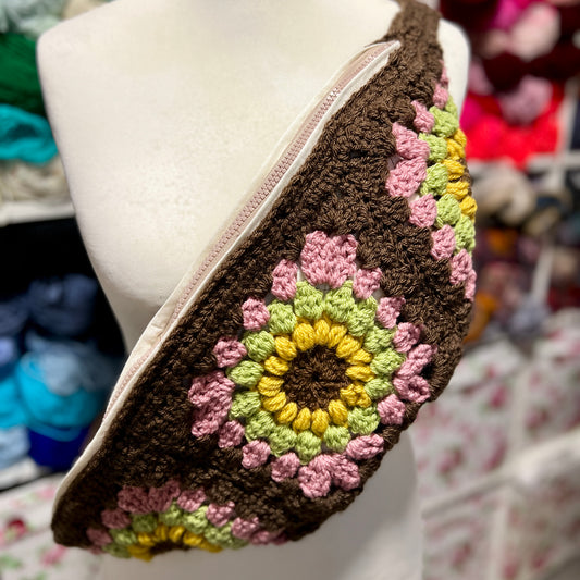 ‘Autumn Flowers' Crochet Granny Square Lined Cross Body Bag