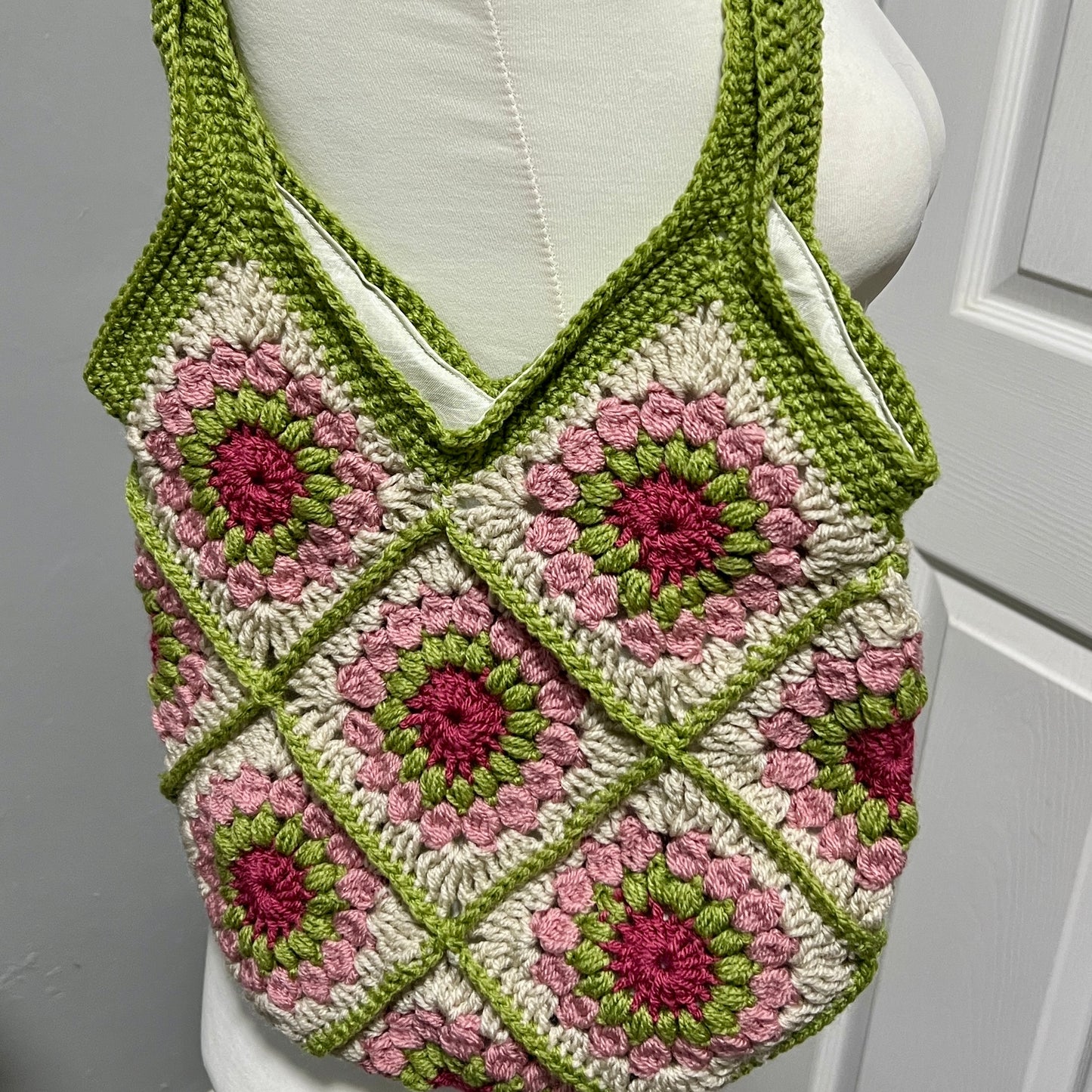 'English Country Garden' Crochet Granny Square Lined Shoulder Bag Medium