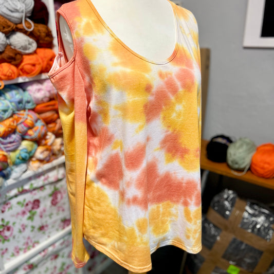 'Vibrant Orange' Long Sleeved Shoulder Cut Out Tie Dye Top