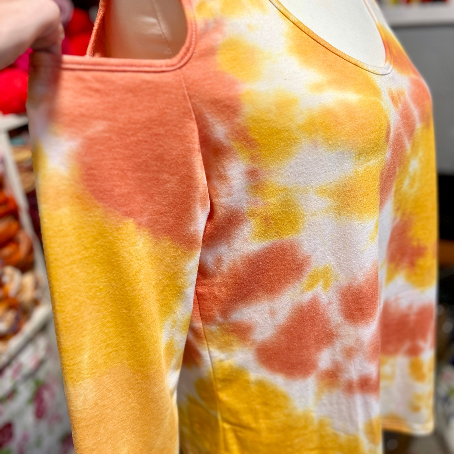'Vibrant Orange' Long Sleeved Shoulder Cut Out Tie Dye Top