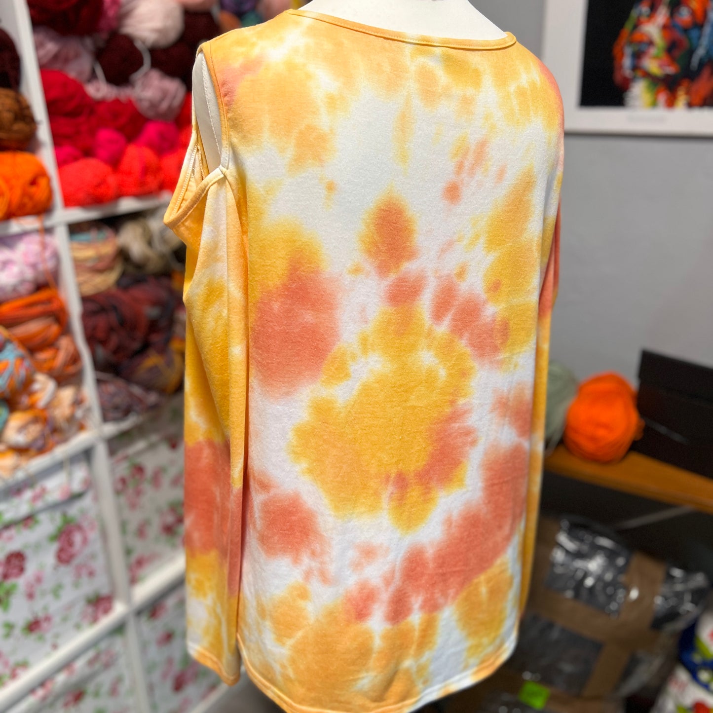 'Vibrant Orange' Long Sleeved Shoulder Cut Out Tie Dye Top