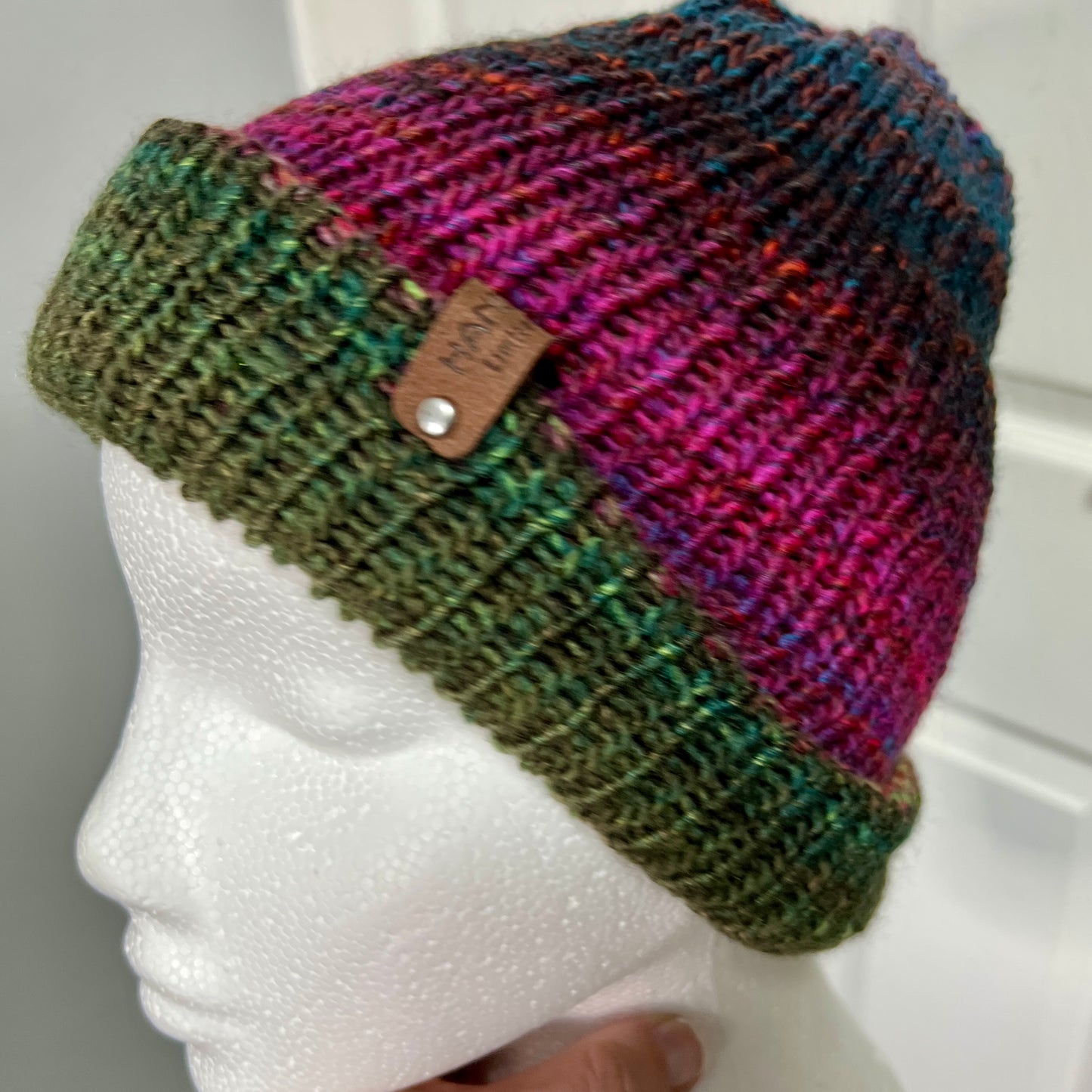 'Jewelspun' Pink/Green Reversible Knitted Beanie - Adult