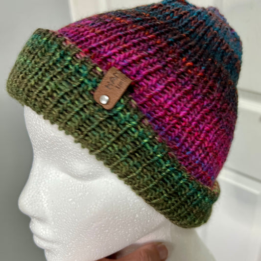 'Jewelspun' Pink/Green Reversible Knitted Beanie - Adult