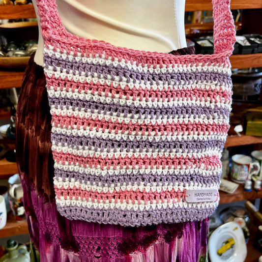 Cotton Crochet Shoulder Bag - Pink/Lilac & White