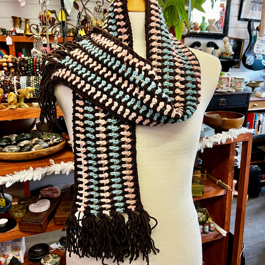 Chunky Pink/Blue/Brown Crochet Scarf with tassels