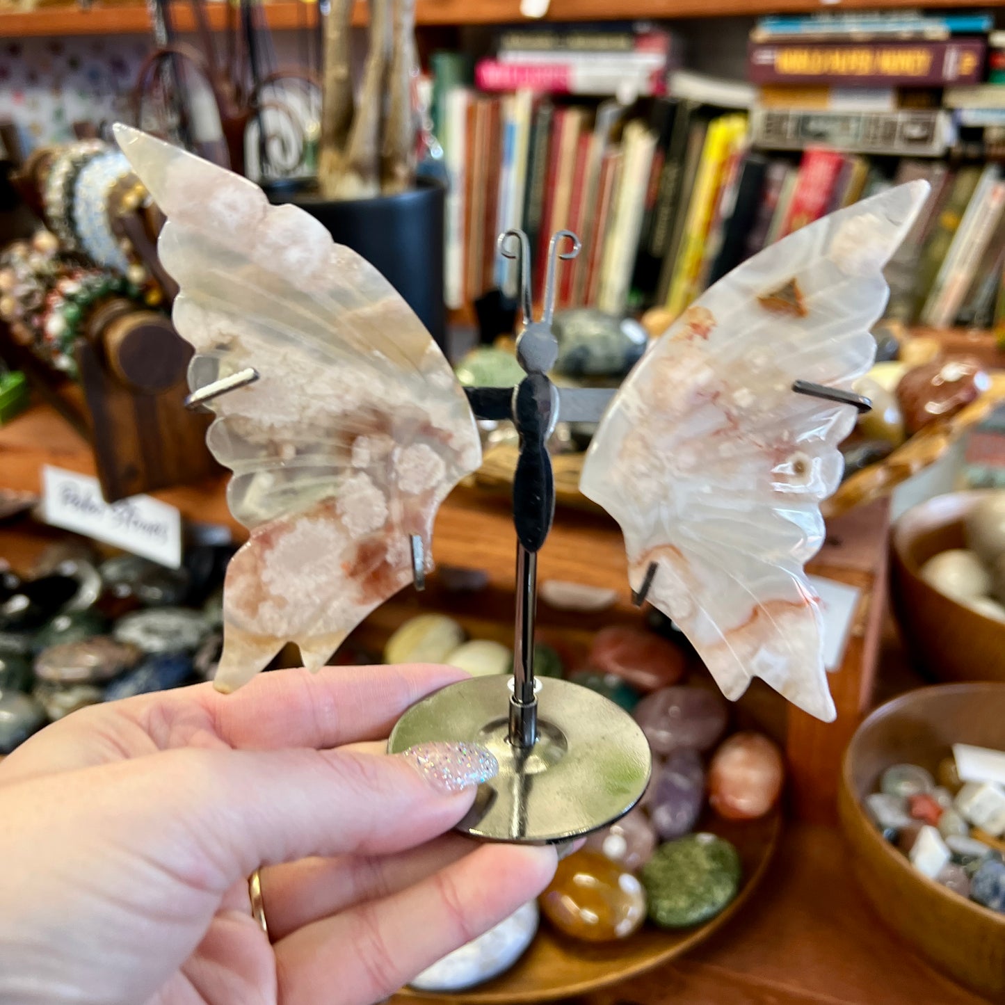 Flower Agate Butterfly Carving on stand