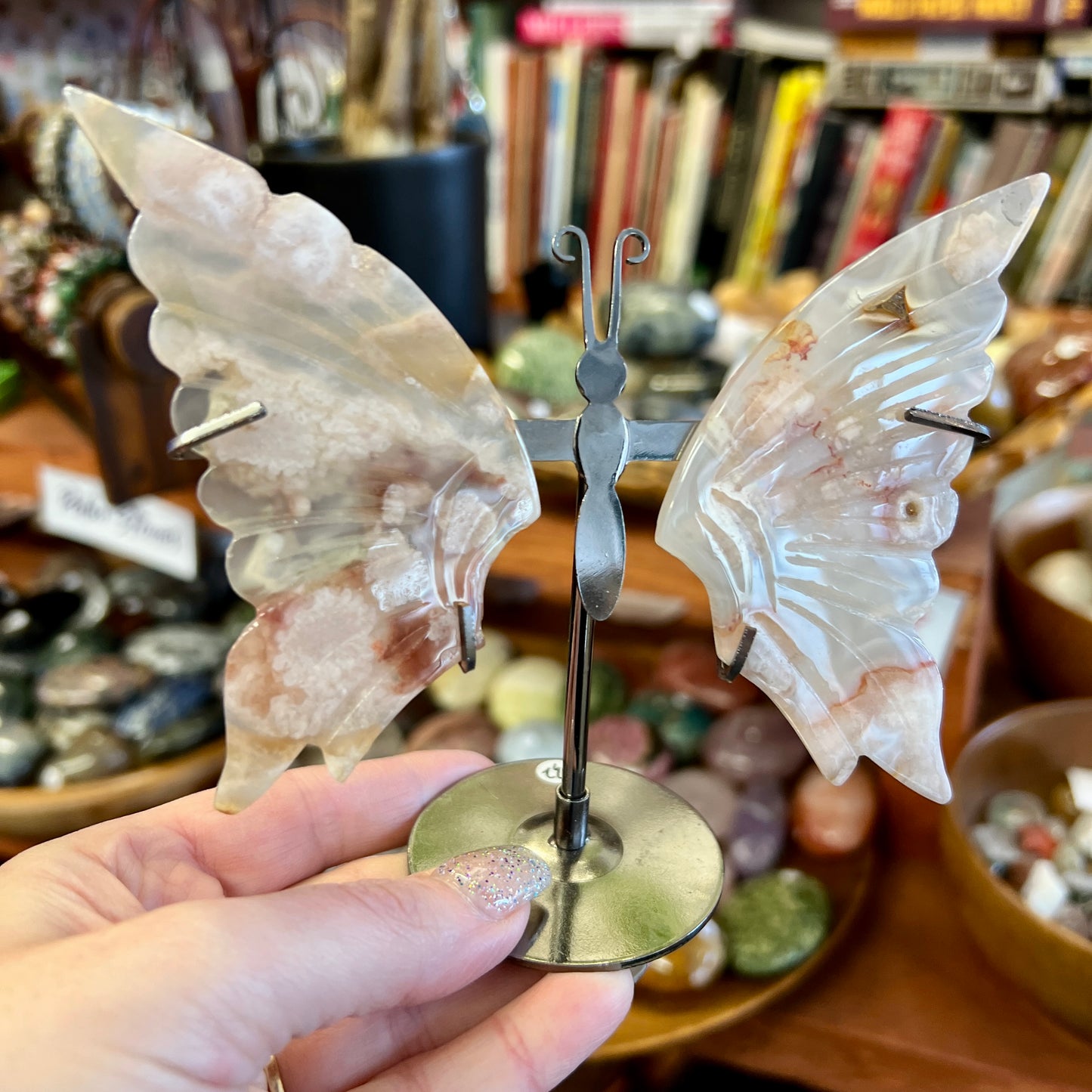 Flower Agate Butterfly Carving on stand