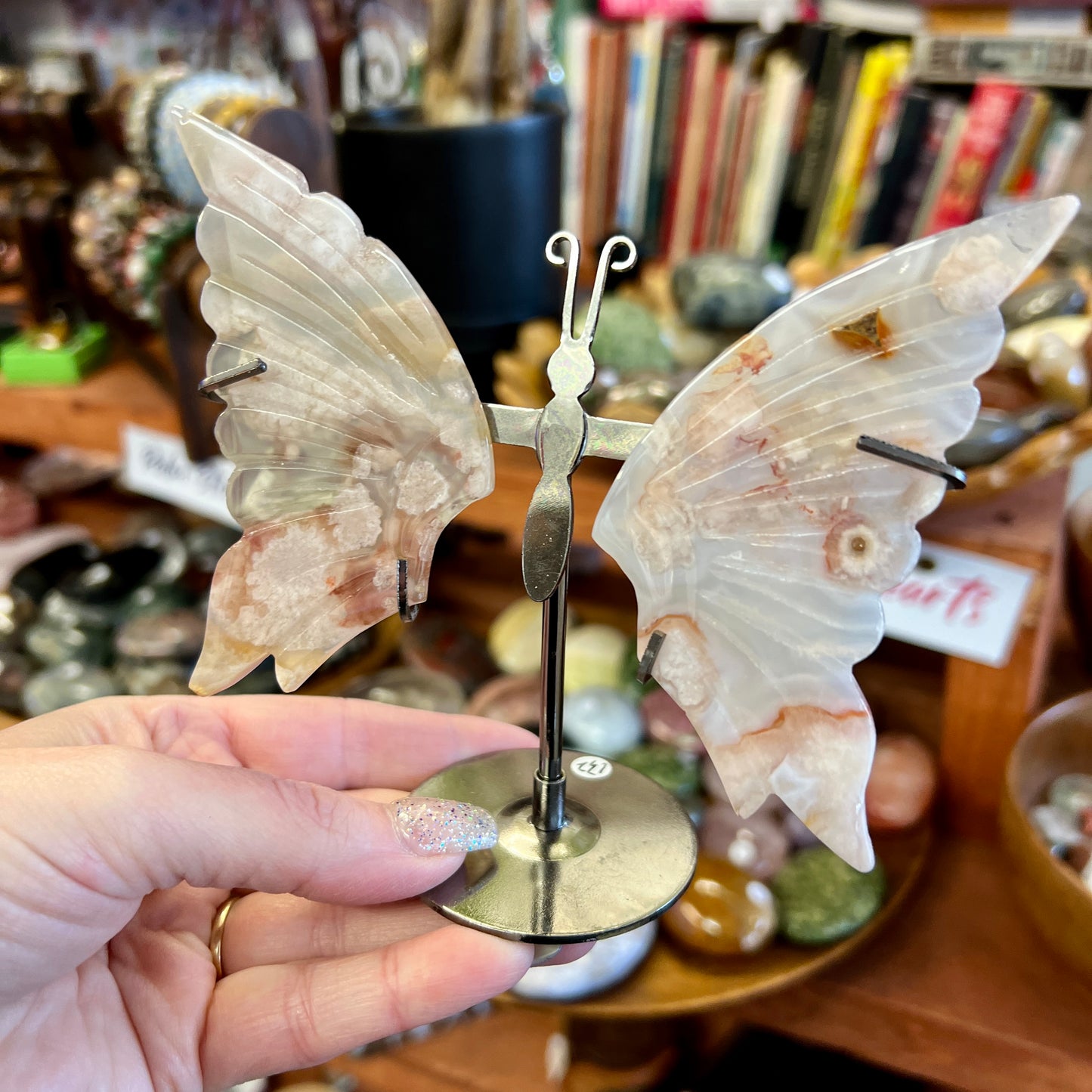 Flower Agate Butterfly Carving on stand