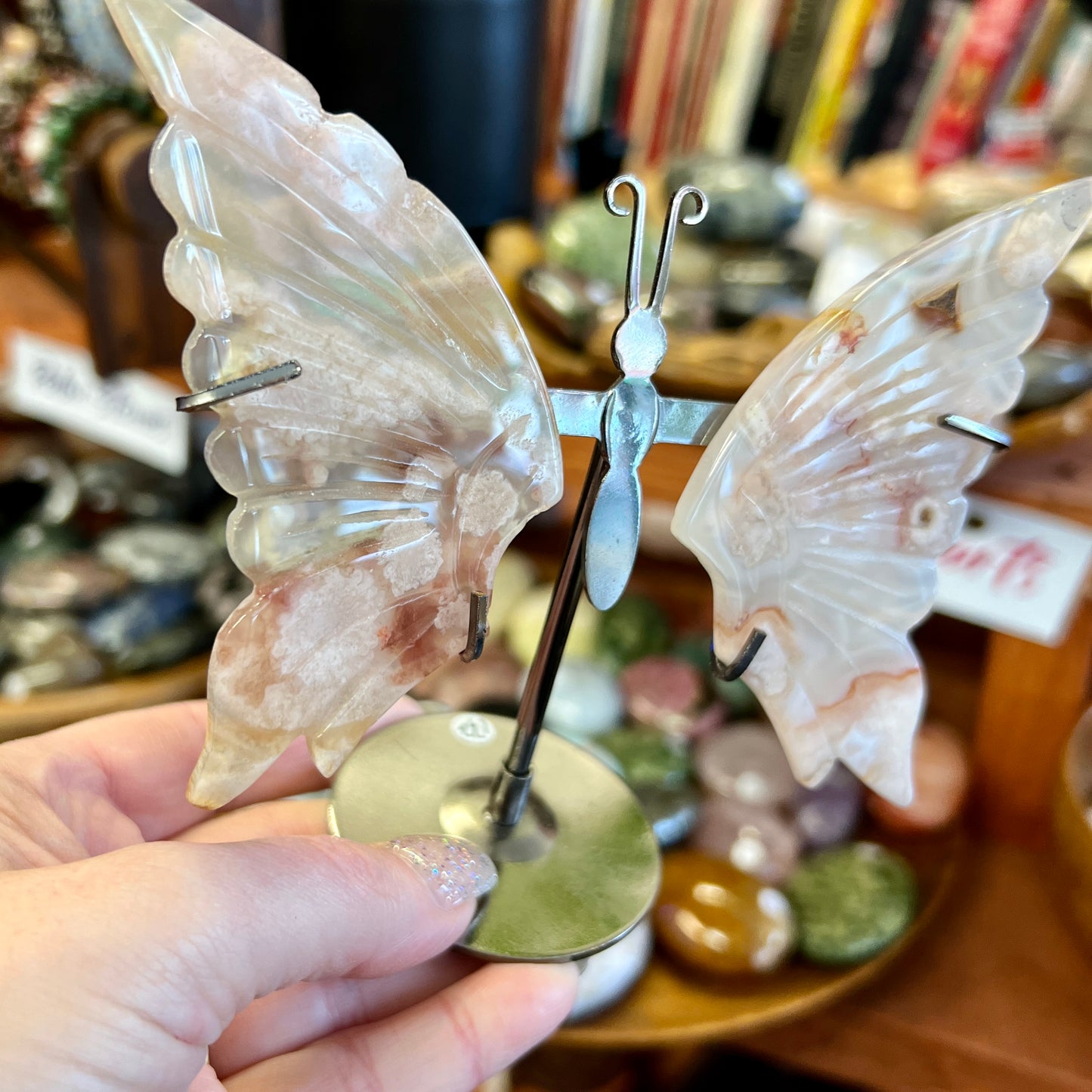 Flower Agate Butterfly Carving on stand