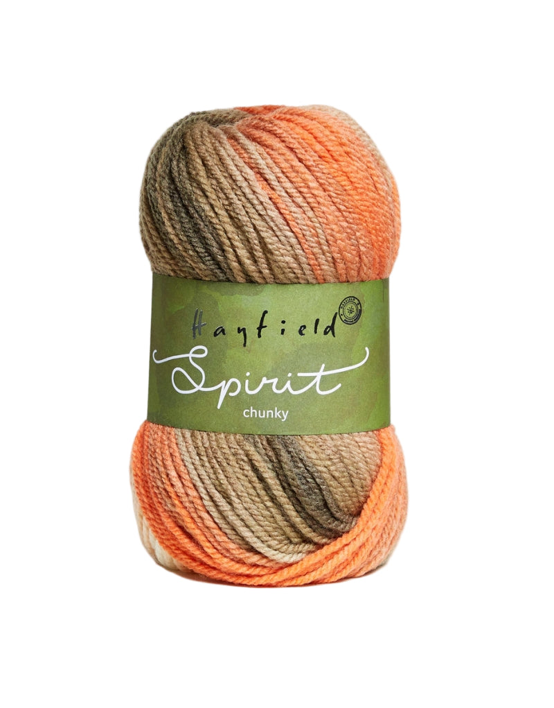 Ball of yarn with a 'Hayfield Spirit' label on a light background