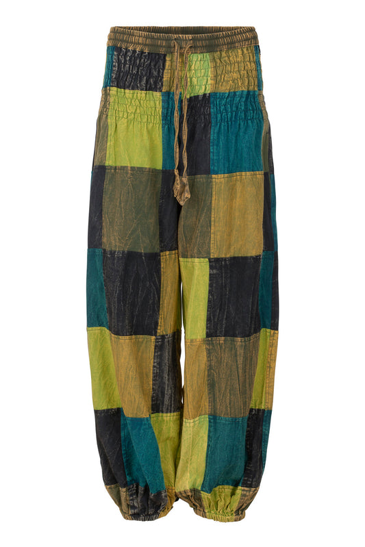 Long Patchwork Unisex Trousers with Pockets - Green/Blue